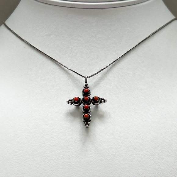 Vintage Reversible Turquoise Coral Snake Eye Cross Sterling Silver Necklace - Picture 5 of 10